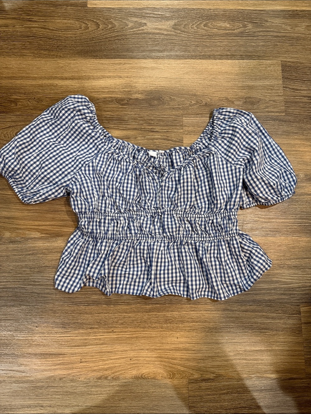 GAP Blue Gingham Smocked Waist Peplum Crop Top, Like New, XL